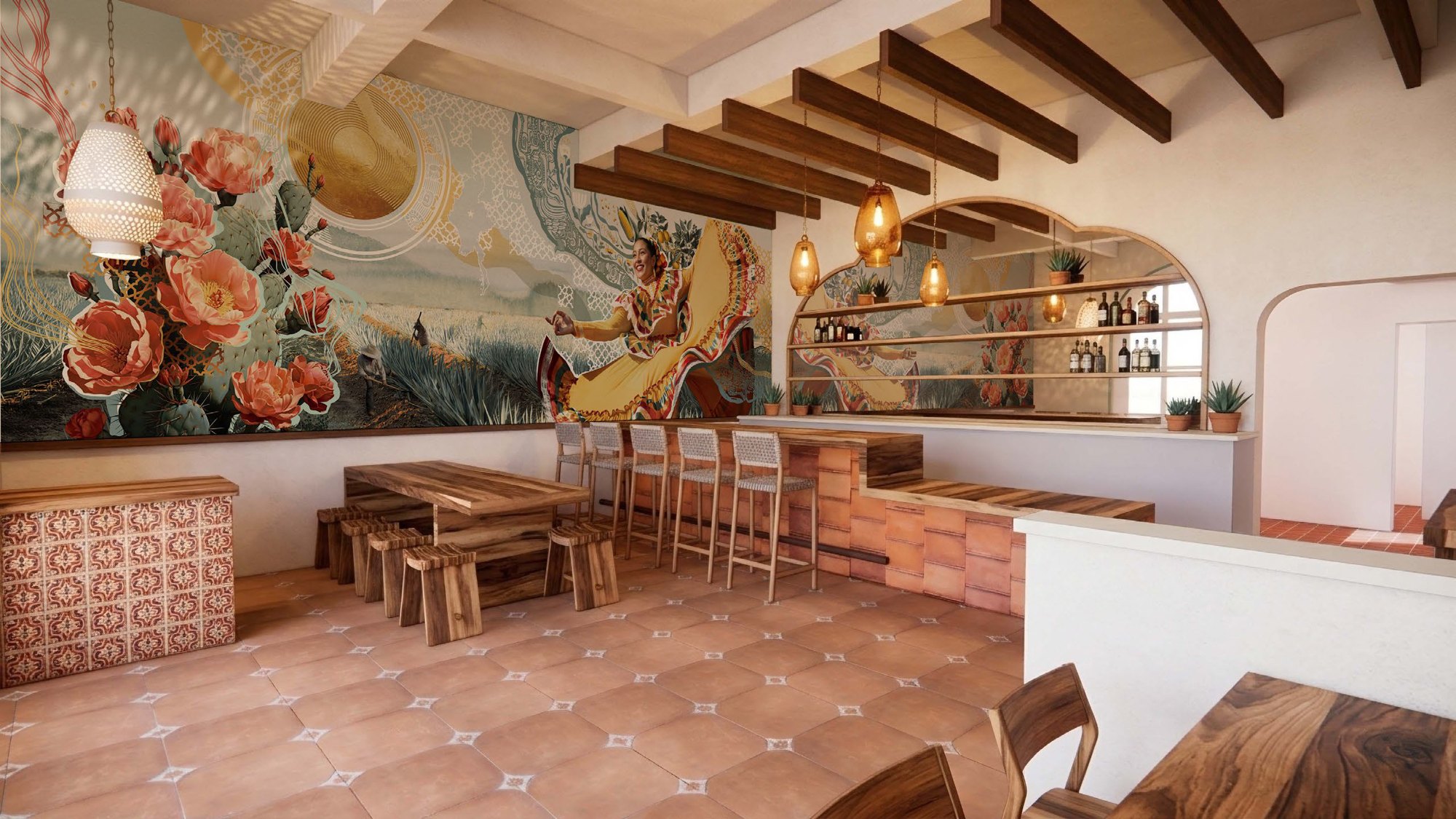 Alisios dining room with mural wall and bar
