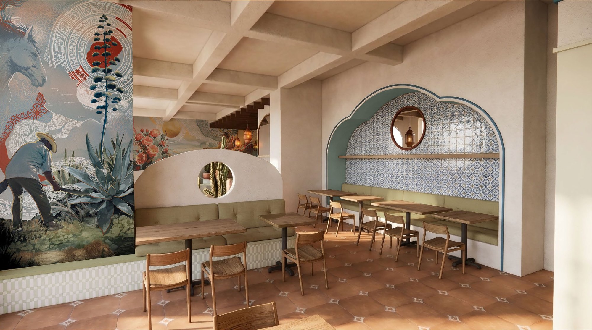 Alisios banquette seating beside agave mural