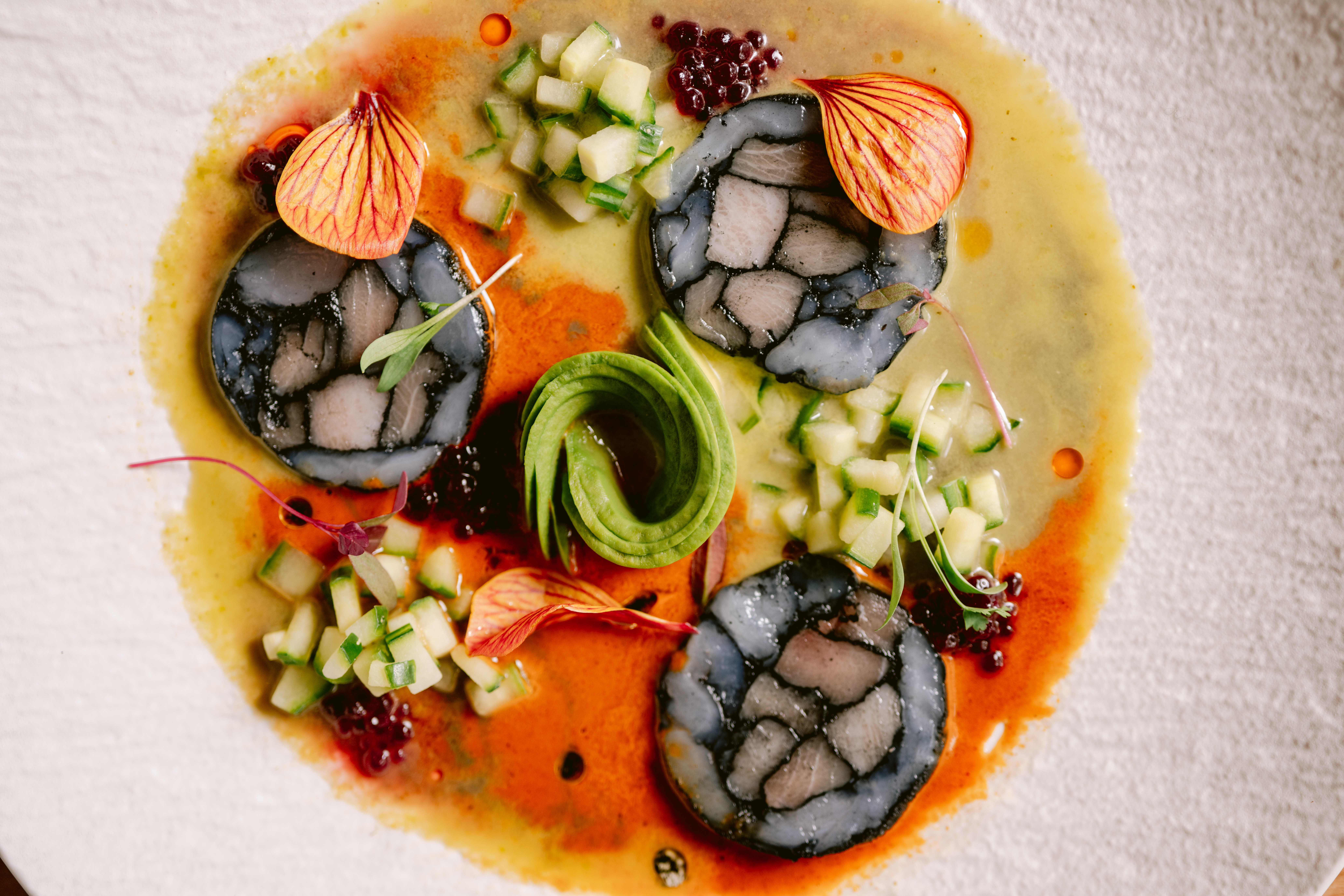 Aguachile dish at Alisios — raw wild shrimp and hamachi in citrus marinade